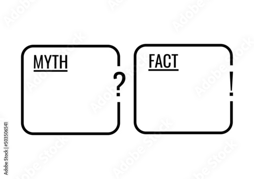 Myth and fact check list line art vector set. True or fiction infographic badge blank isolated on white background. Flat design simple black lin fake and good news template illustration.