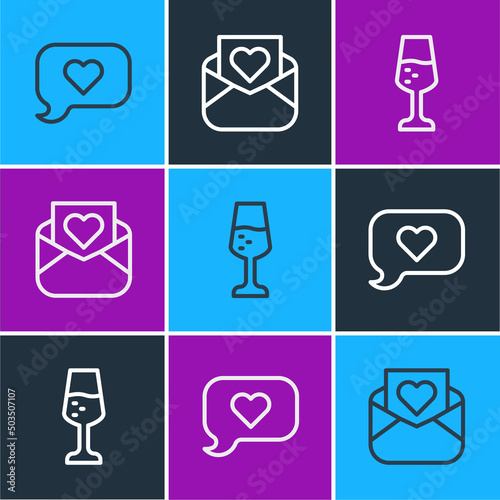 Set line Heart in speech bubble, Glass of champagne and Envelope with Valentine heart icon. Vector