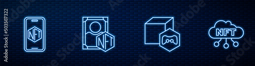 Set line NFT Digital crypto art, Mobile with store app, and cloud. Glowing neon icon on brick wall. Vector