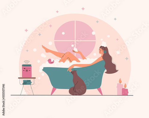 Beautiful young woman taking a relax bath in a wireless headphones listening to an audiobook. Girl listen to a podcast. Concept of online learning of a language lesson. Flat vector illustration. 