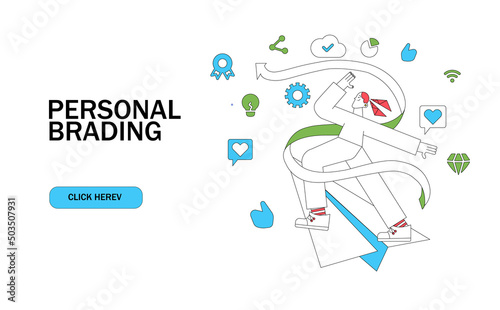 Personal brand design concept with a business woman flying up in a paper airplane like thumbs up icons. Landing page template, mobile app, ui. Vector flat illustration. 