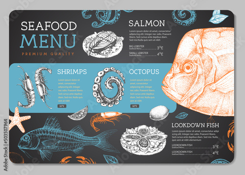 Chalk drawing seafood restaurant menu design with hand drawing fish. Vector illustration