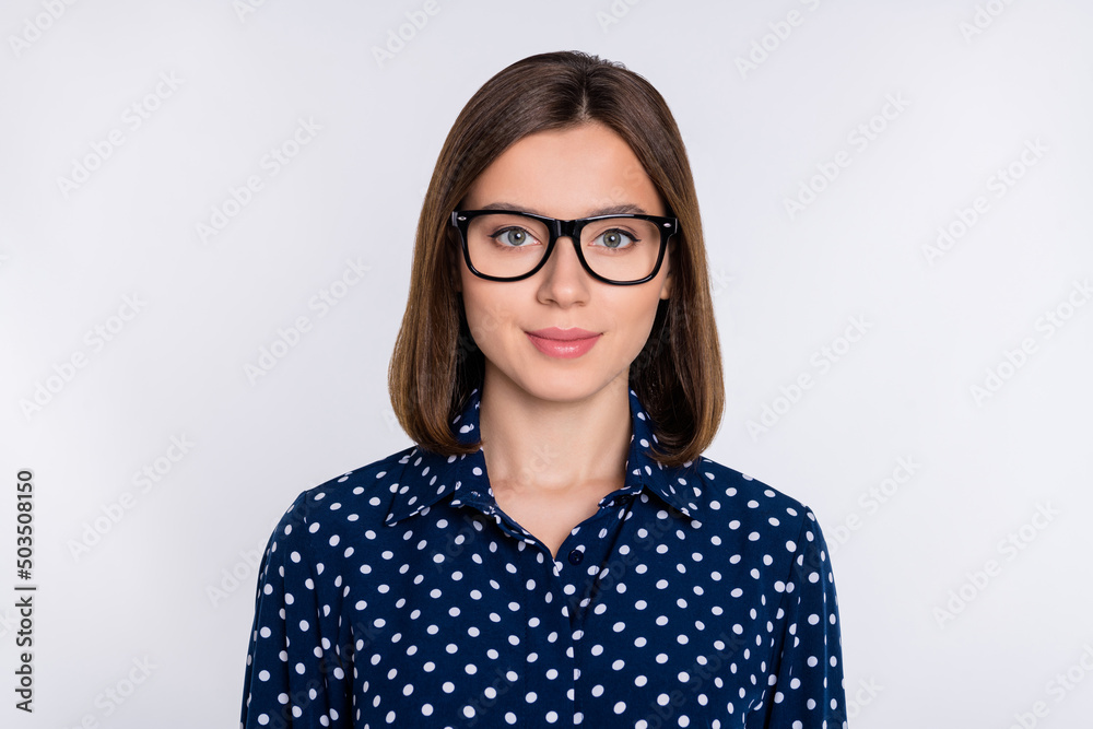 Portrait of attractive content skilled experienced brown-haired girl expert isolated over gray pastel color background Portrait of attractive content skilled experienced brown-haired girl expert isolated over gray pastel color background