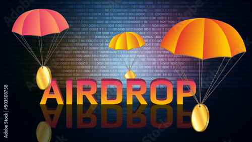 Big orange text Airdrop and parachutes with blank golden coins on mirrored floor with reflection. Copy space for token logo. Distribution of free coins concept.