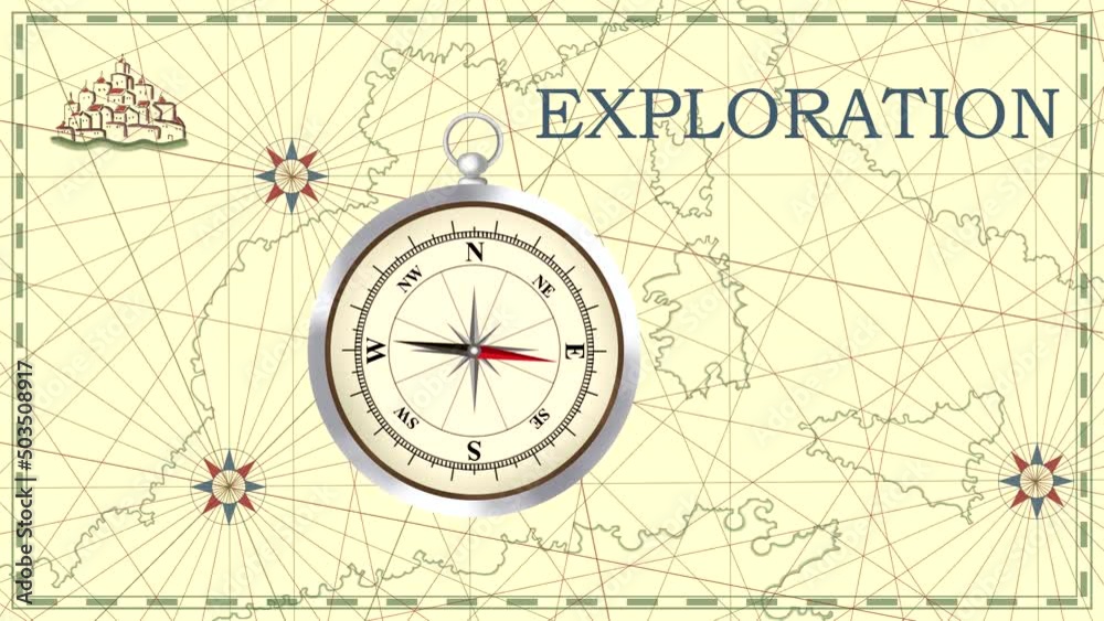 Animation with a map and a compass arrow rotating near the word Animation with a map and a compass arrow rotating near the word