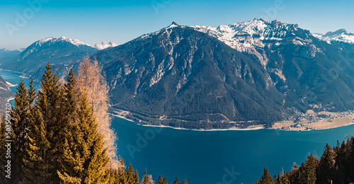 High resolution panorama at the famous Zwoelferkopf summit, Achensee lake, Pertisau, Tyrol, Austria photo