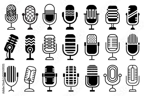 Microphone icon set. Collection of abstract microphone concepts, for logo, icon, symbol design projects. Black and white flat and outline icon designs.