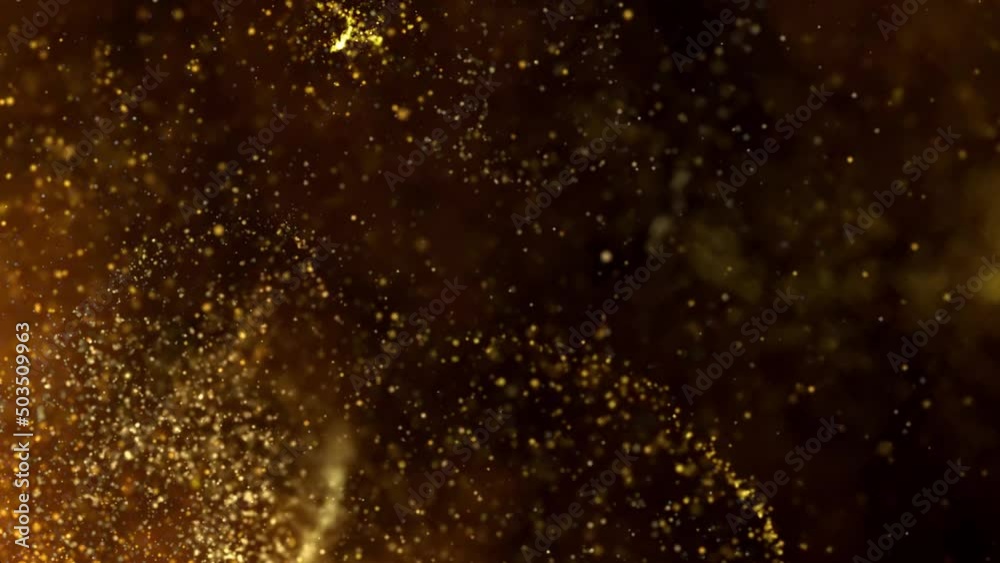 Gold dust particles fly in slow motion in the air lingering slowly. Dust Particles Background Bokeh Lights Background on Black Background 4k Footage Snow Particles Background.	