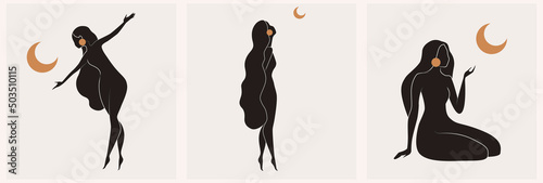 Set of gold and black feminine wall art, vector set. Artistic drawing of a silhouette in a mystical and abstract form. Abstract body art design for print, cover, wallpaper, minimal wall art.