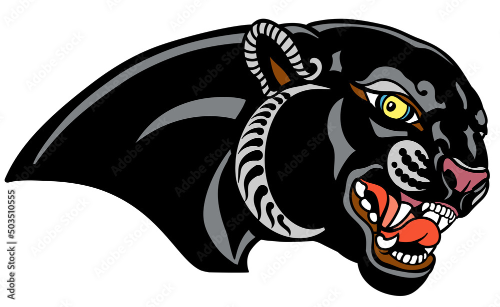 Head of a roaring panther. Aggressive black leopard. Tattoo, emblem, logo. Isolated vector illustration Head of a roaring panther. Aggressive black leopard. Tattoo, emblem, logo. Isolated vector illustration