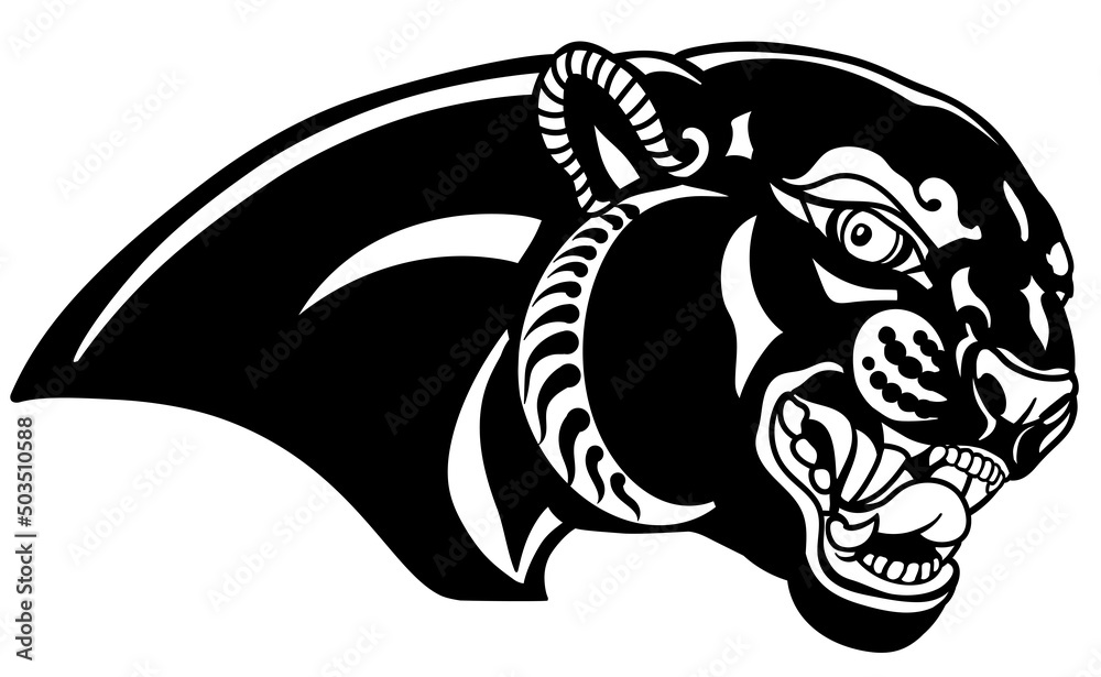 Head of a roaring panther. Aggressive black leopard. Tattoo, emblem, logo. Black and white isolated vector illustration Stock Vector