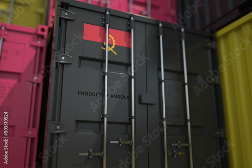 Goods from Angola in cargo container and printed national flag. Business related 3D rendering