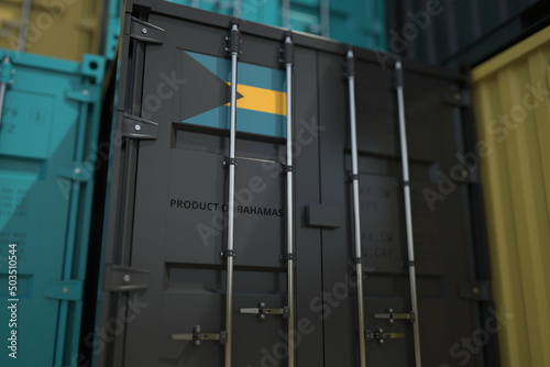 Goods from Bahamas in cargo container and printed national flag. Business related 3D rendering