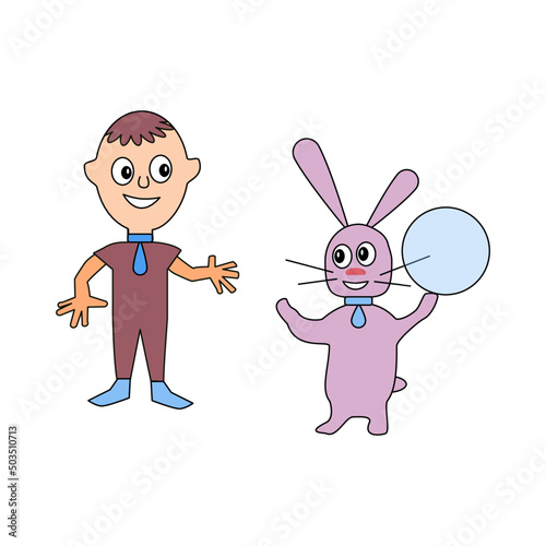Boy and a pink bunny with a transparent blue balloon. Children's illustration of a man and an animal on a white background.