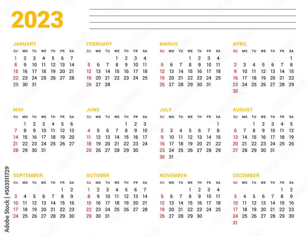 Calendar template for 2023 year. Business monthly planner. Stationery design. Week starts on Sunday.