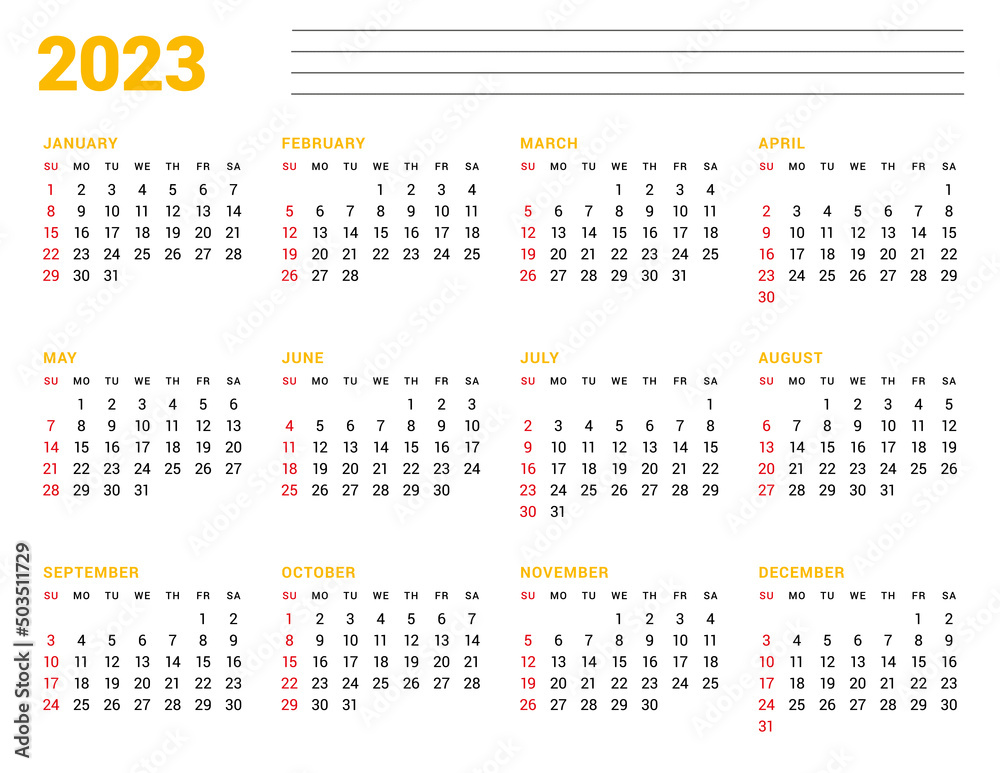 Calendar template for 2023 year. Business monthly planner. Stationery design. Week starts on Sunday. Calendar template for 2023 year. Business monthly planner. Stationery design. Week starts on Sunday.