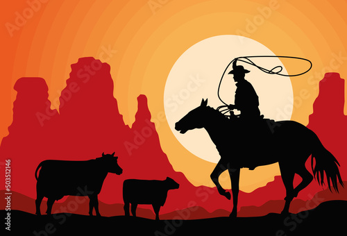 Vászonkép cowboy with cows silhouette