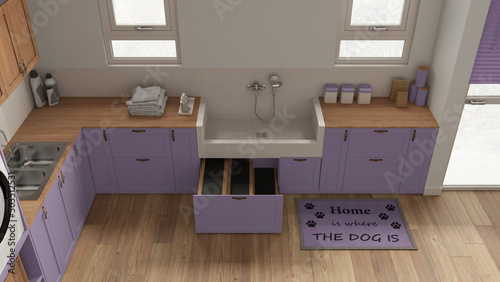 Pet friendly mudroom, laundry room in purple tones with cabinets and dog bath shower with tiles and faucet, wooden ladder inside a drawer. Top view, above. Cozy interior design idea