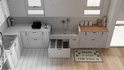 Architect interior designer concept: hand-drawn draft unfinished project that becomes real, pet friendly mudroom, laundry room, dog bath shower, ladder in a drawer. Top view, above