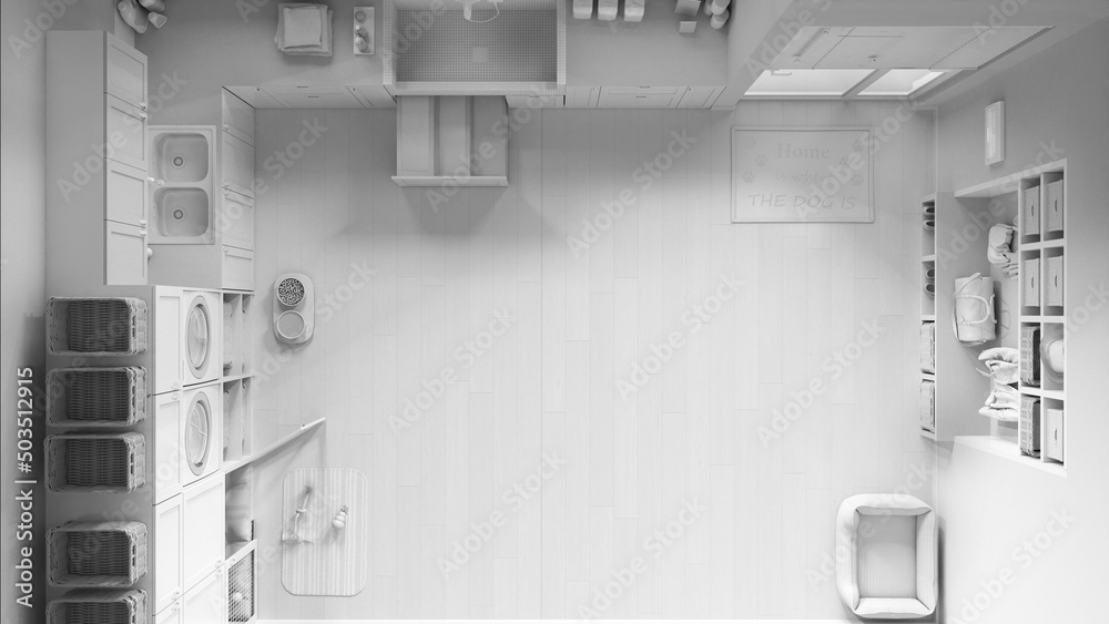 Total white project, pet friendly modern laundry room, mudroom with cabinets and equipment. Dog shower bath with ladder, dog bed and carpet. Top view, plan, above. Interior design Total white project, pet friendly modern laundry room, mudroom with cabinets and equipment. Dog shower bath with ladder, dog bed and carpet. Top view, plan, above. Interior design