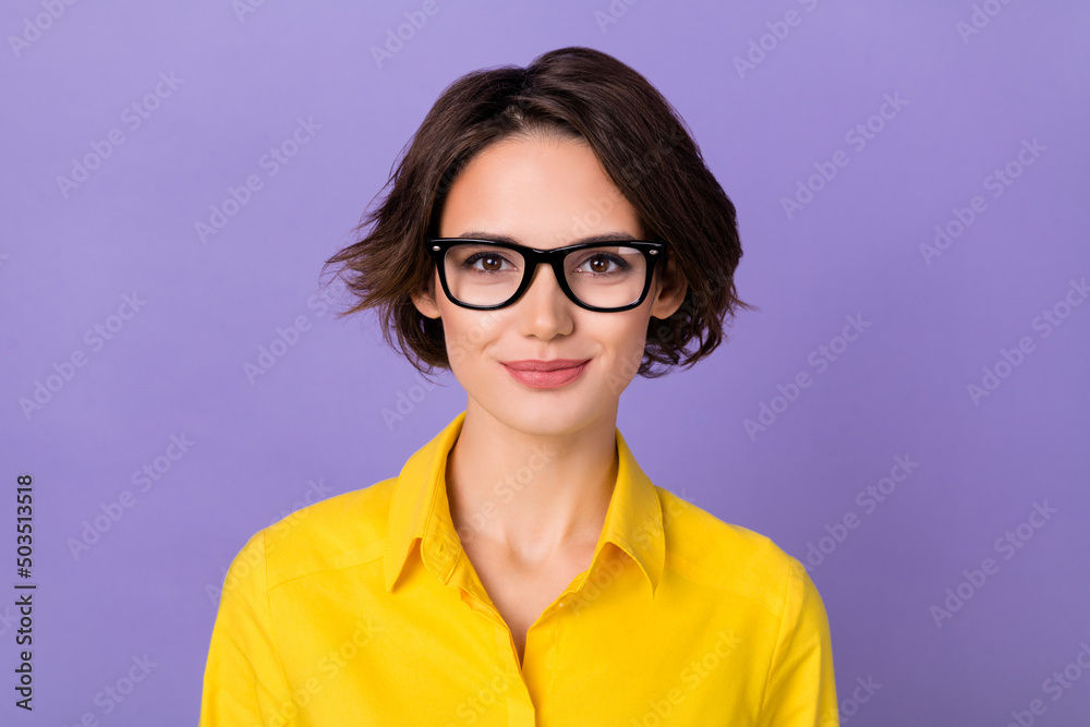 Photo of lovely millennial brunette lady wear eyewear yellow blouse isolated on violet color background
