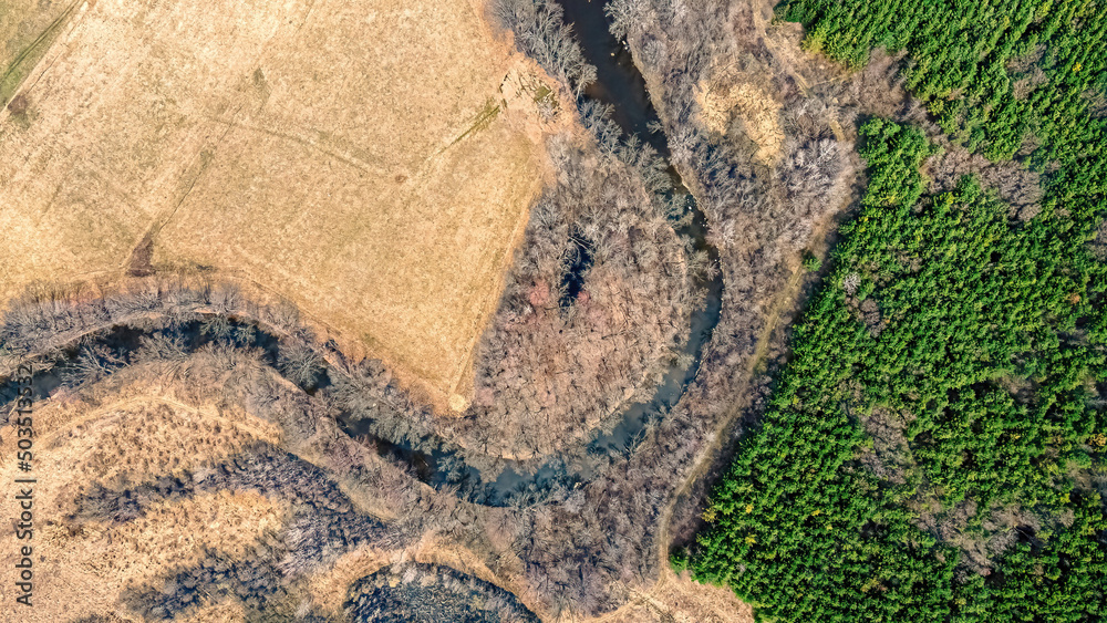 Aerial of rural wisconsin fields just as spring begins