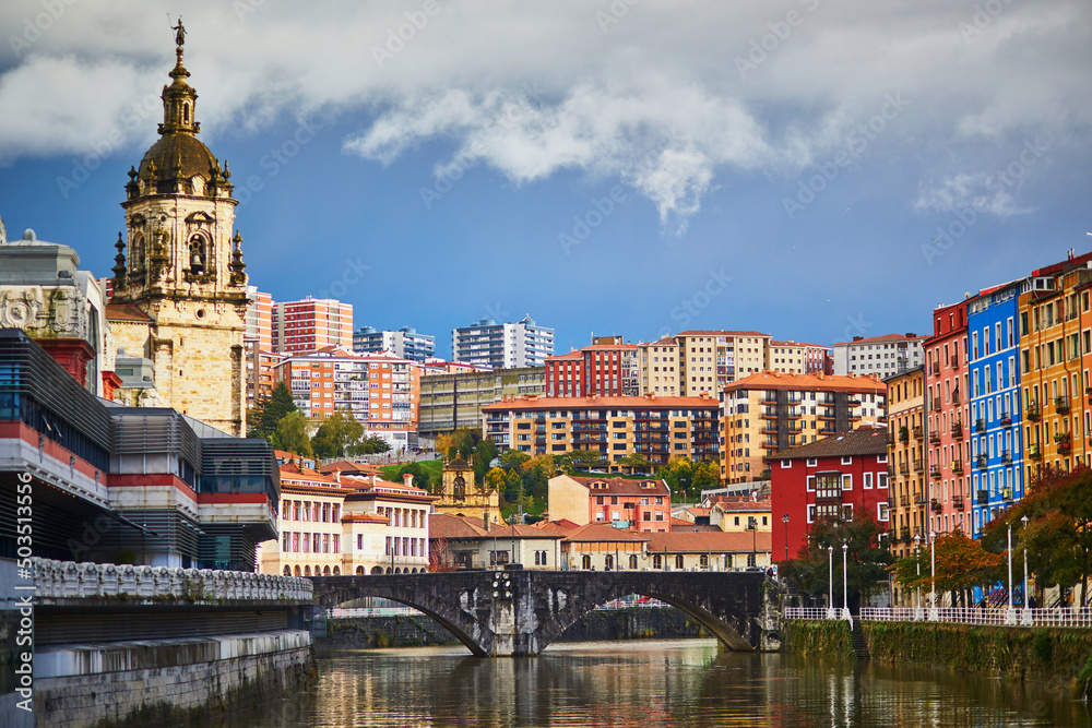 Fototapeta premium Colorful buildings on street of Bilbao, Basque Country, Spain