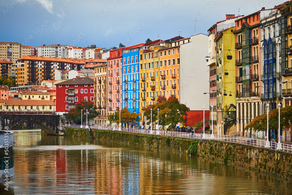 Fototapeta premium Colorful buildings on street of Bilbao, Basque Country, Spain