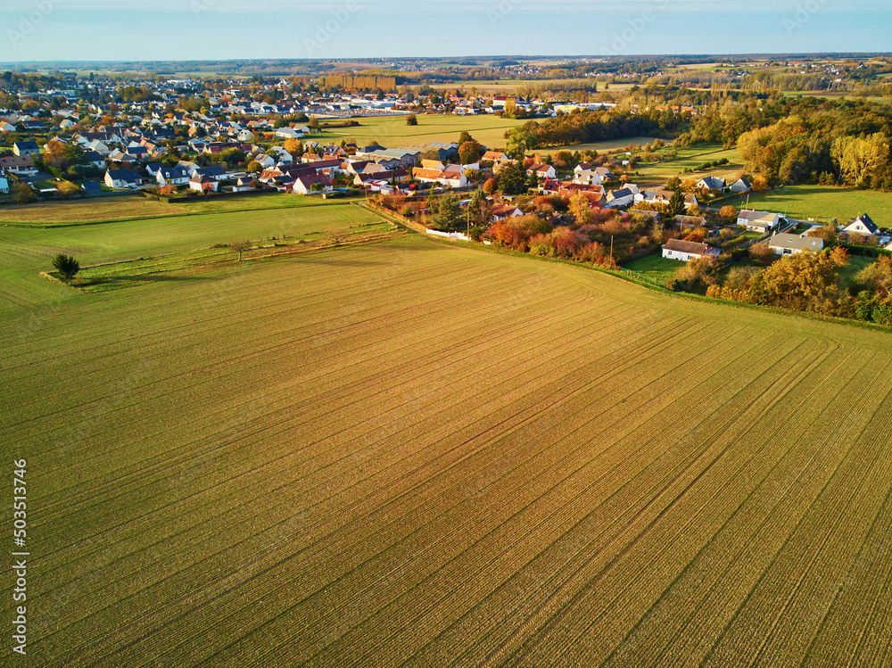 Obraz premium Aerial view of pastures and farmlands in France