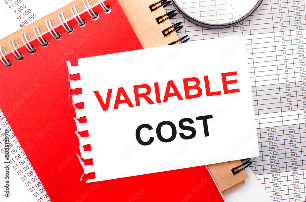 On a light background - reports, a magnifying glass, brown and red notepads, and a white notepad with the text VARIABLE COST. Business concept On a light background - reports, a magnifying glass, brown and red notepads, and a white notepad with the text VARIABLE COST. Business concept