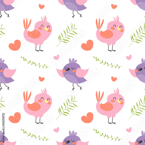 cute seamless pattern with pink birds on branches background EPS