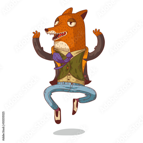 A Happy Fox Guy, isolated vector illustration. A humanized fox, hovering in the air. Trendy dressed anthropomorphic fox jumping with joy. A moment of happiness. An animal character with a human body.