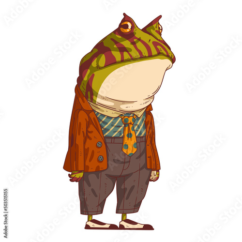 An Office Employee, isolated vector illustration. Calm trendy dressed anthropomorphic horned frog. A humanized toad in elegant suit. A city dweller. A manager. An animal character with a human body.