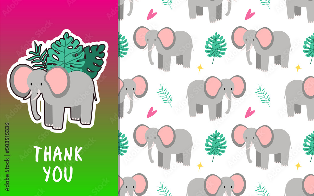 Cute elephant card and seamless pattern for baby shower decor, nursery print, kids apparel, wrapping paper, fabric, and textile. Vector illustration. EPS