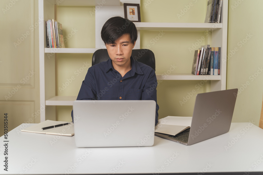 Businessman, Trader, investor using laptop for money trading, investment on stock market, Bitcoin Cryptocurrency on online platform. Student man studying business strategy, education learning online. Businessman, Trader, investor using laptop for money trading, investment on stock market, Bitcoin Cryptocurrency on online platform. Student man studying business strategy, education learning online.