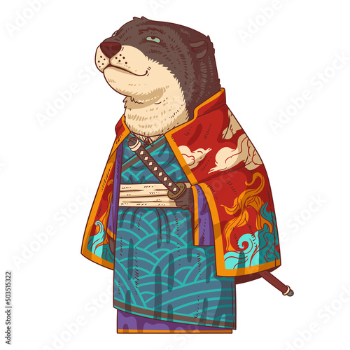 A Dreamy Samurai Otter, isolated vector illustration. Cute anthropomorphic otter, wearing a beautiful patterned kimono and keeping his sword in the scabbard. An animal character with a human body.