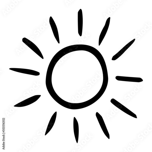 Hand drawn Sun painted with ink brush, isolated on white background. Vector illustration.