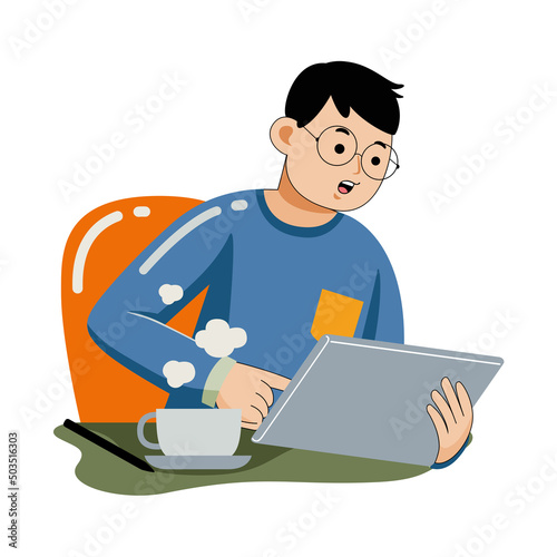 Man working with graphic tablet in flat design style