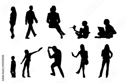 Vector silhouettes, Outline silhouettes of people, Contour drawing, people silhouette, Icon Set Isolated, Silhouette of sitting people, Architectural set	

