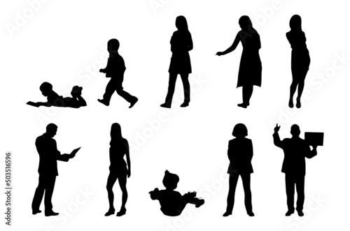 Vector silhouettes, Outline silhouettes of people, Contour drawing, people silhouette, Icon Set Isolated, Silhouette of sitting people, Architectural set	
