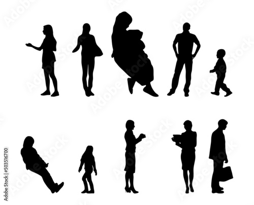 Vector silhouettes, Outline silhouettes of people, Contour drawing, people silhouette, Icon Set Isolated, Silhouette of sitting people, Architectural set	