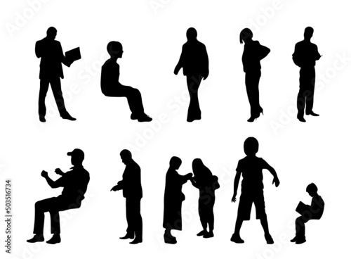 Vector silhouettes, Outline silhouettes of people, Contour drawing, people silhouette, Icon Set Isolated, Silhouette of sitting people, Architectural set	