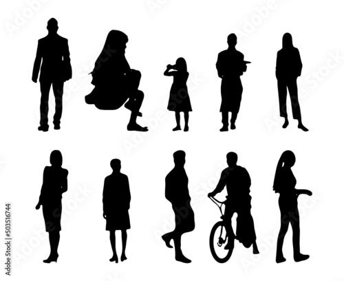 Vector silhouettes, Outline silhouettes of people, Contour drawing, people silhouette, Icon Set Isolated, Silhouette of sitting people, Architectural set	