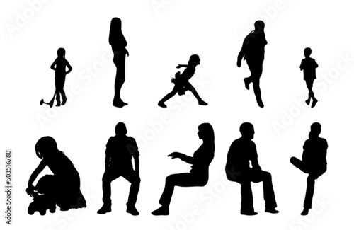 Vector silhouettes, Outline silhouettes of people, Contour drawing, people silhouette, Icon Set Isolated, Silhouette of sitting people, Architectural set	