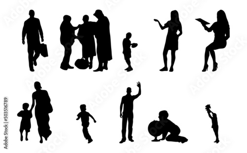 Vector silhouettes, Outline silhouettes of people, Contour drawing, people silhouette, Icon Set Isolated, Silhouette of sitting people, Architectural set	