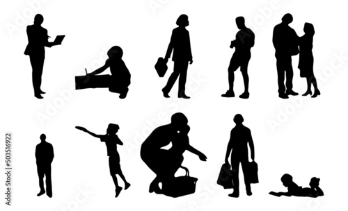 Vector silhouettes, Outline silhouettes of people, Contour drawing, people silhouette, Icon Set Isolated, Silhouette of sitting people, Architectural set	
