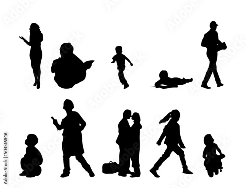 Vector silhouettes, Outline silhouettes of people, Contour drawing, people silhouette, Icon Set Isolated, Silhouette of sitting people, Architectural set	
