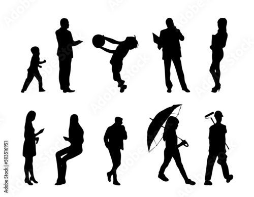 Vector silhouettes, Outline silhouettes of people, Contour drawing, people silhouette, Icon Set Isolated, Silhouette of sitting people, Architectural set	
