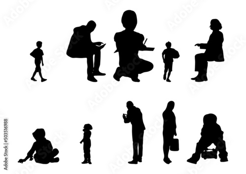 Vector silhouettes, Outline silhouettes of people, Contour drawing, people silhouette, Icon Set Isolated, Silhouette of sitting people, Architectural set	
