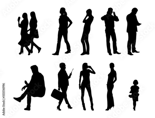 Vector silhouettes, Outline silhouettes of people, Contour drawing, people silhouette, Icon Set Isolated, Silhouette of sitting people, Architectural set	
